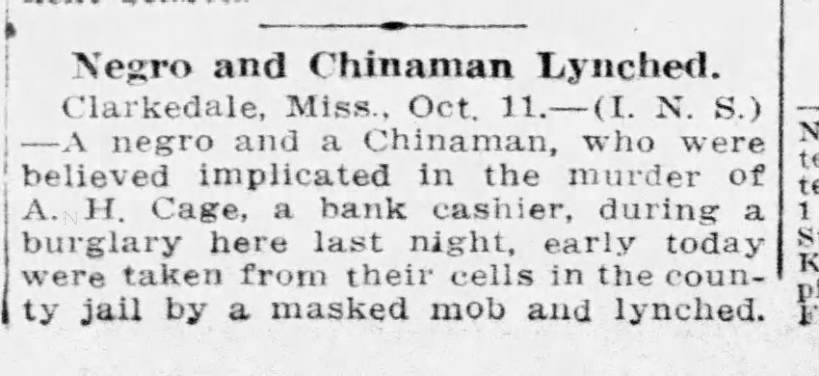 Thumbnail for Negro and Chinaman Lynched
