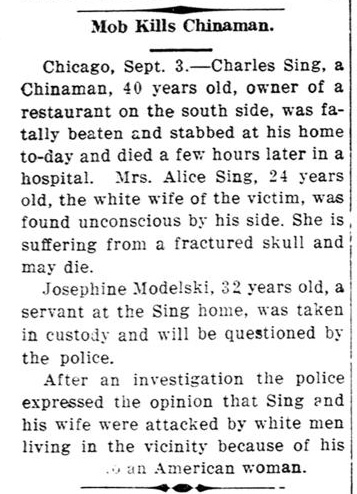 Newspaper article thumbnail: Mob Kills Chinaman from The Bamberg Herald, 1913-09-11