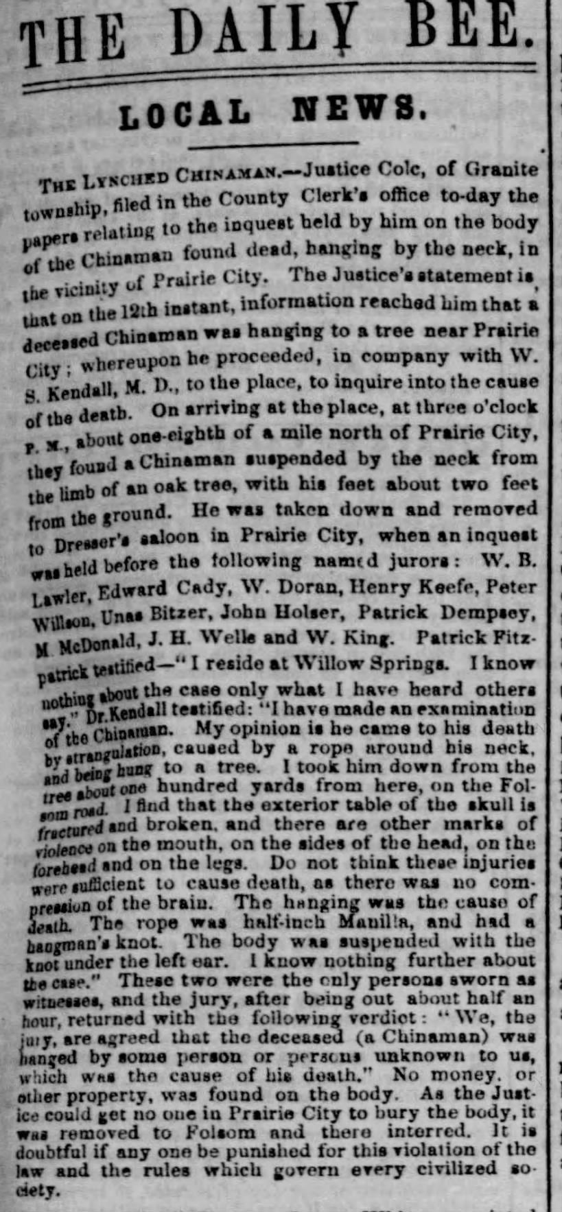 Newspaper article thumbnail: The Lynched Chinaman from The Sacramento Bee, 1861-11-15