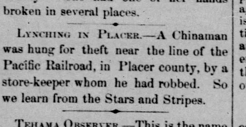 Newspaper article thumbnail: Lynching in Placer from The Sacramento Bee, 1865-10-11