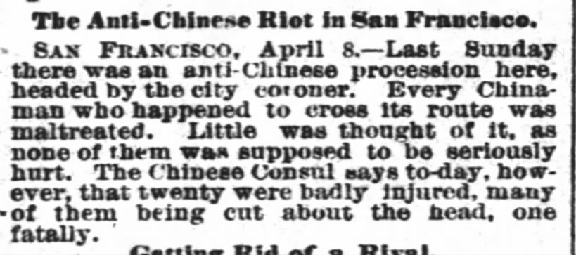 Newspaper article thumbnail: The Anti-Chinese Riot in San Francisco from The Times-Picayune, 1885-04-09