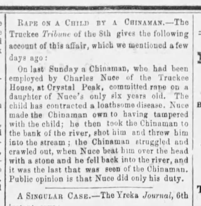 Newspaper article thumbnail: Rape on a Child by a Chinaman from Appeal-Democrat, 1869-05-02
