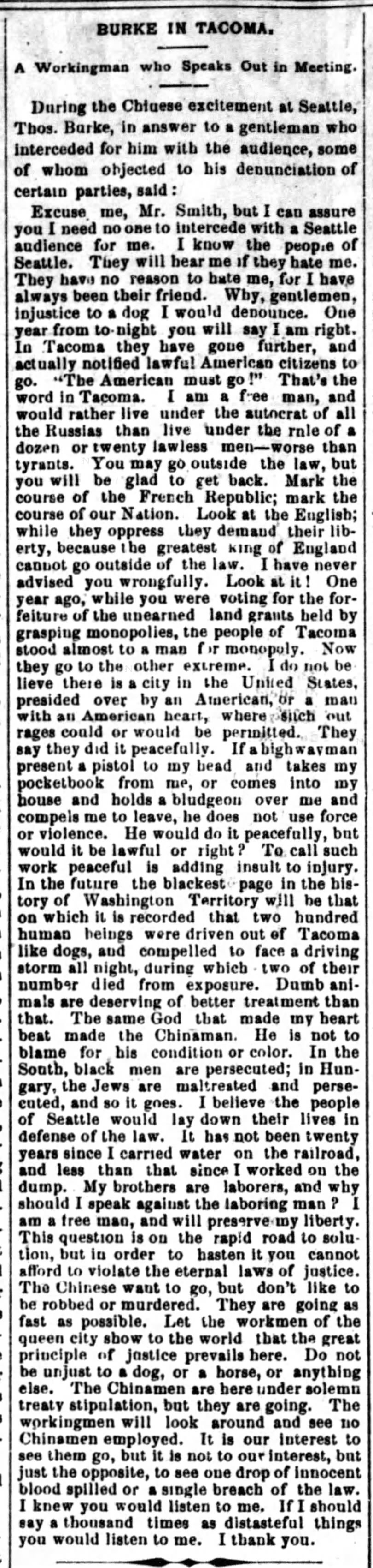 Newspaper article thumbnail: Burke in Tacoma from The Anaconda Recorder and New Northwest, 1885-11-20