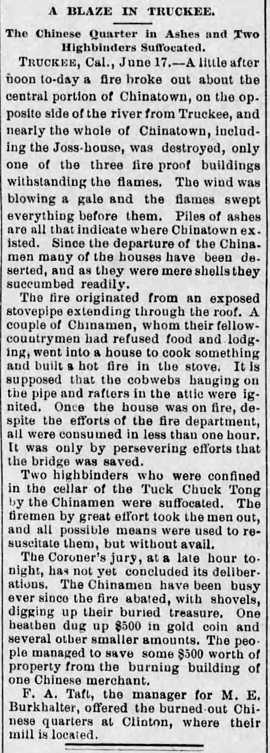 Newspaper article thumbnail: A Blaze in Truckee from The Evening Mail, 1886-06-18