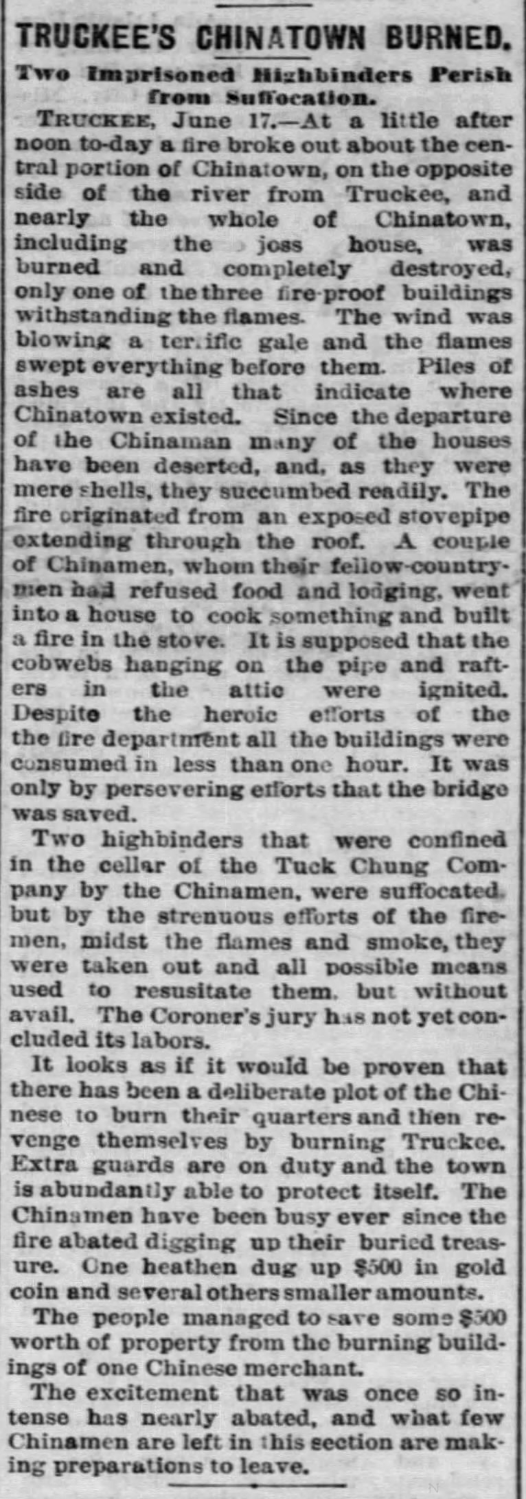 Newspaper article thumbnail: Truckee's Chinatown Burned from The San Francisco Examiner, 1886-06-18