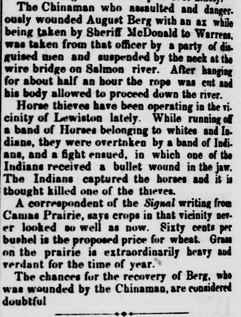 Newspaper article thumbnail: Chinaman Suspended By Neck from The Idaho World, 1874-07-18