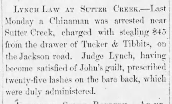 Newspaper article thumbnail: Lynch Law at Sutter Creek from Daily California Statesman, 1854-12-10
