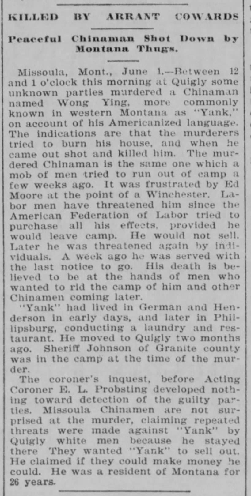 Newspaper article thumbnail: Killed by Arrant Cowards from Bonners Ferry Hearld, 1896-06-06