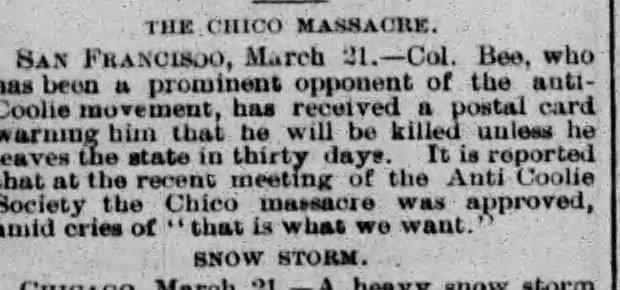 Newspaper article thumbnail: The Chico Massacre from The Times-Union, 1877-03-21