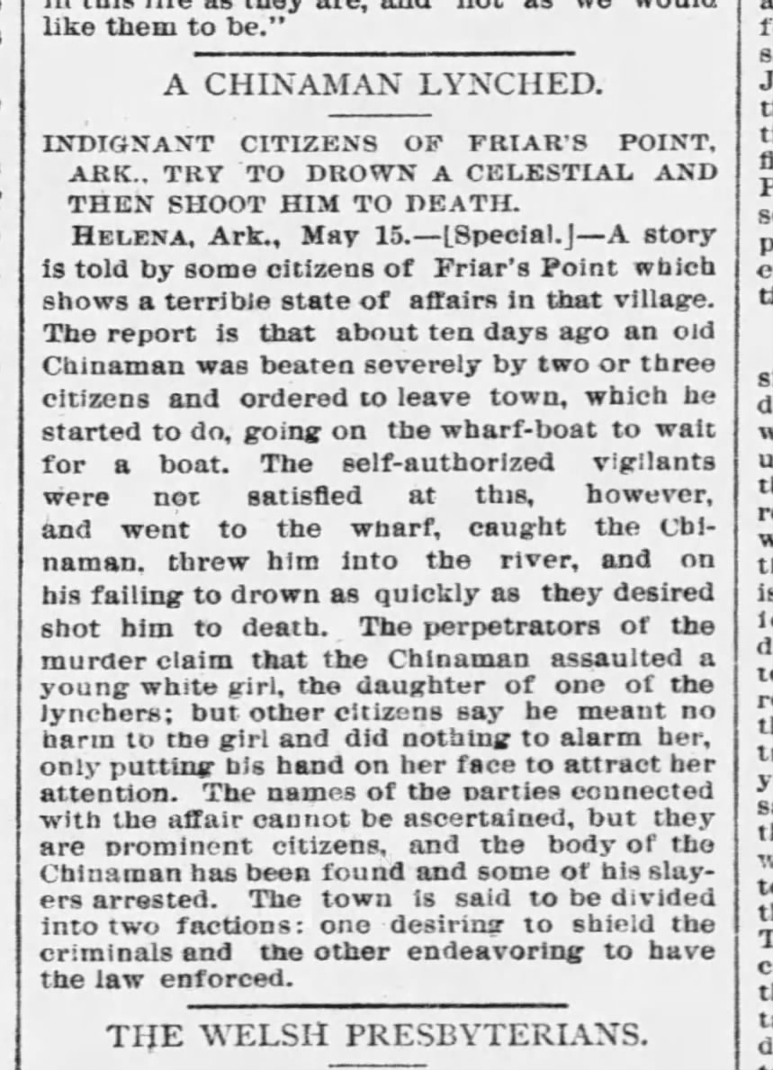 Newspaper article thumbnail: A Chinaman Lynched from Chicago Tribune, 1885-05-16