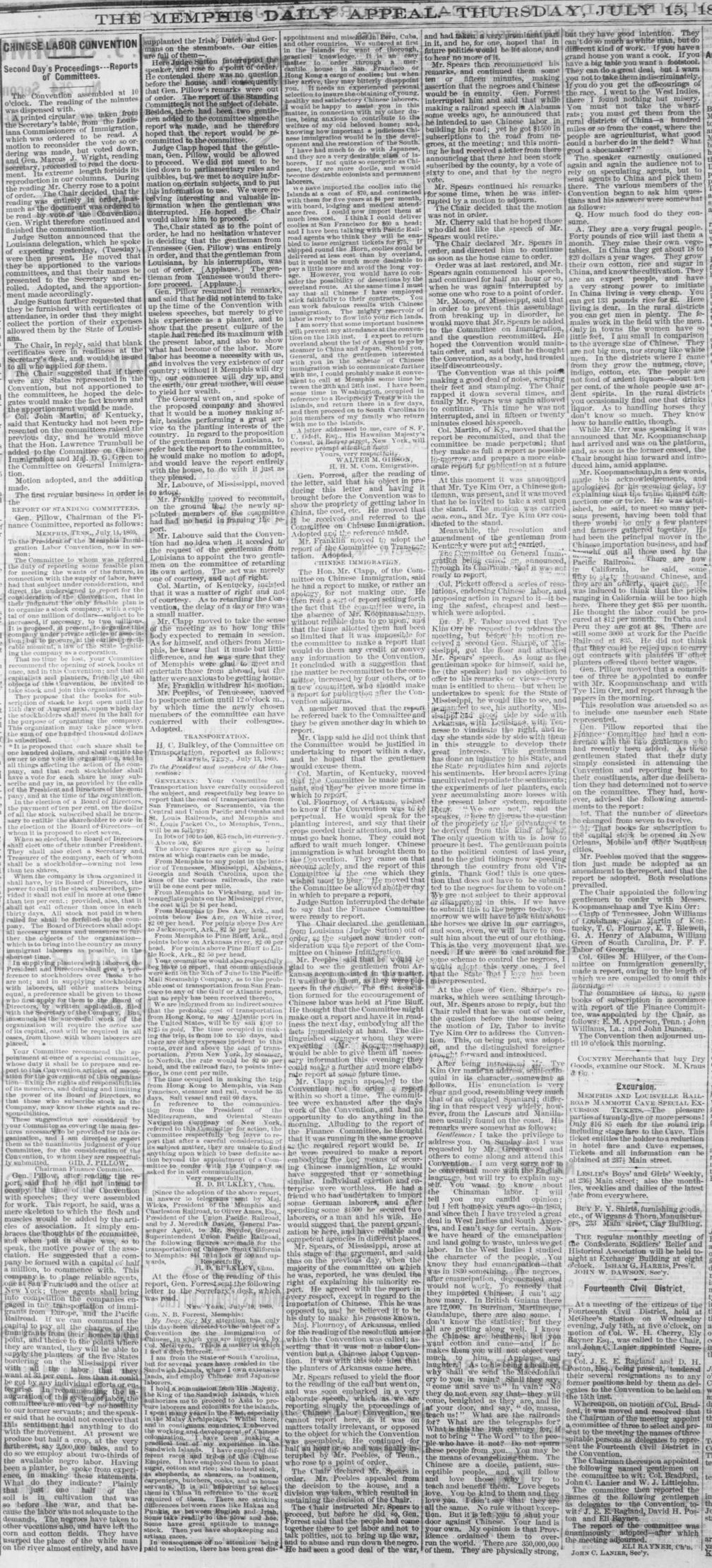 Newspaper article thumbnail: Chinese Labor Convention from Memphis Daily Appeal, 1869-07-15