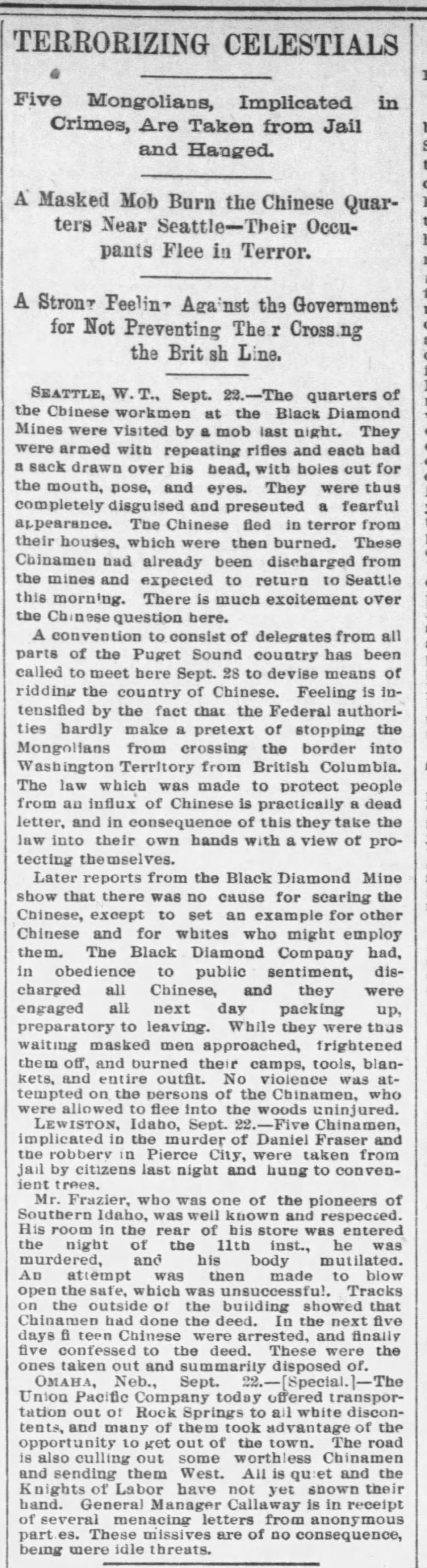 Newspaper article thumbnail: Terrorizing Celestials from Chicago Tribune, 1885-09-23